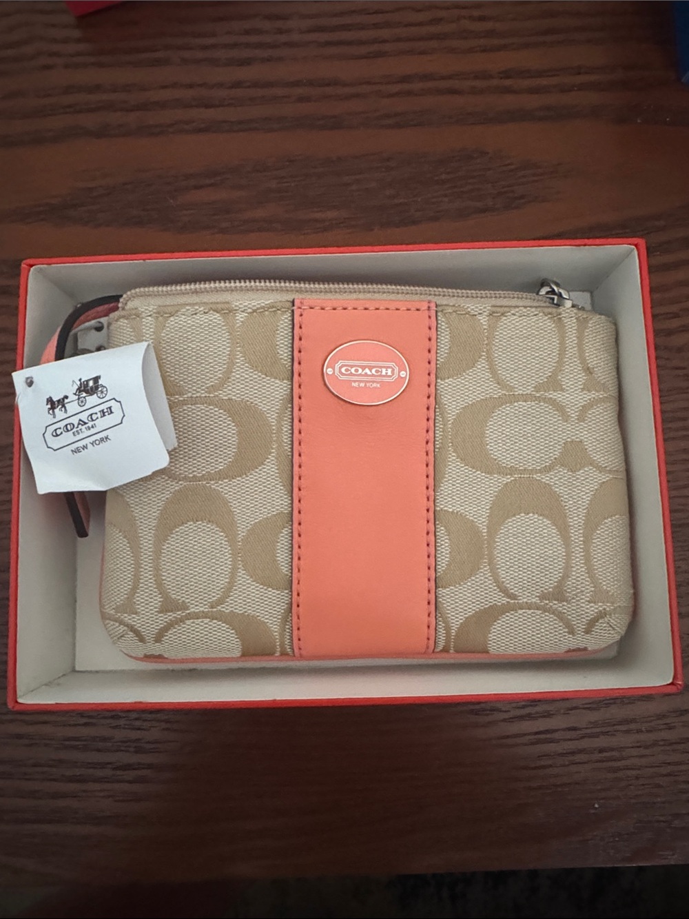 Coach Beige Signature Canvas Wristlet with Coral Stripe
